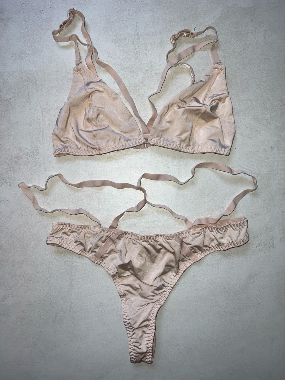 Missguided 2 4 XS S Satin Bralette & Thong Blush Pink Nude Strappy